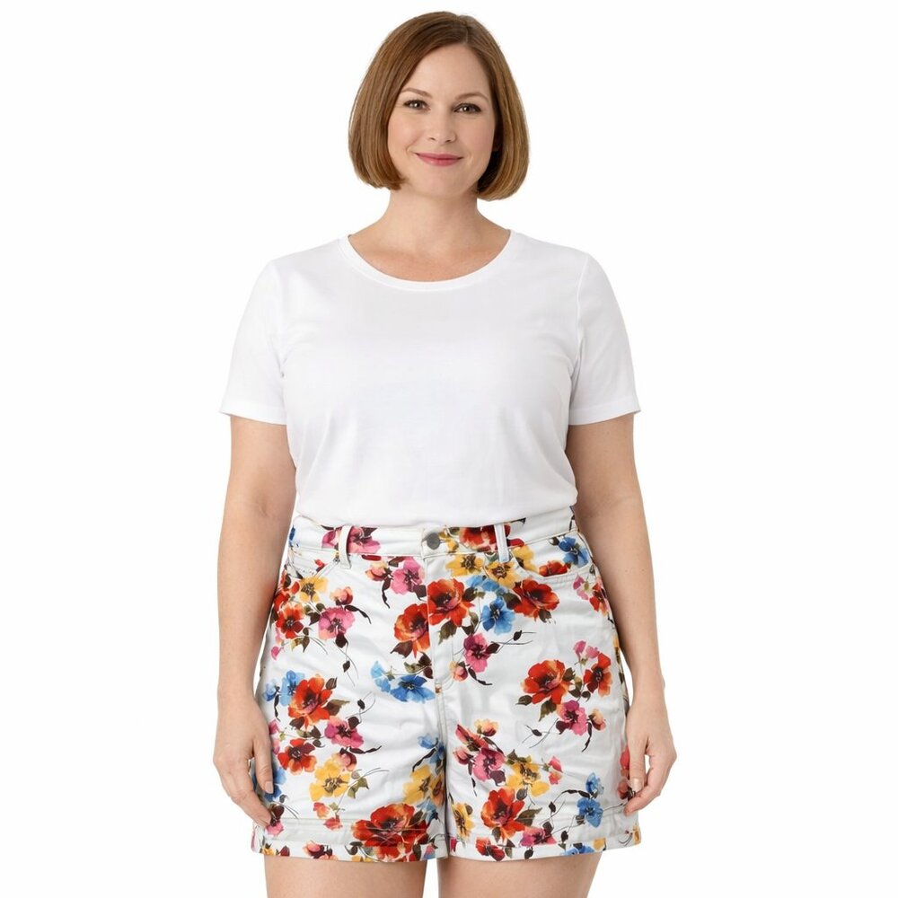 Gloria Vanderbilt Amanda Shorts Size 16 White Denim Pink Blue Flowers High Rise